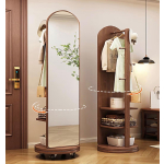 360 Rotating Wood Floor Mirror & Coat Rack -Full Body Mirror with Hooks & Storage Shelf