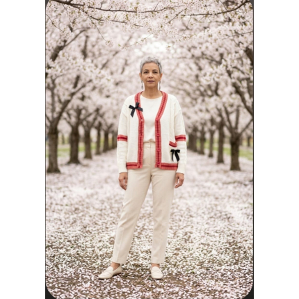Women’s Kawaii  Button Up Cardigan with Pinned Bowknot White & Red
